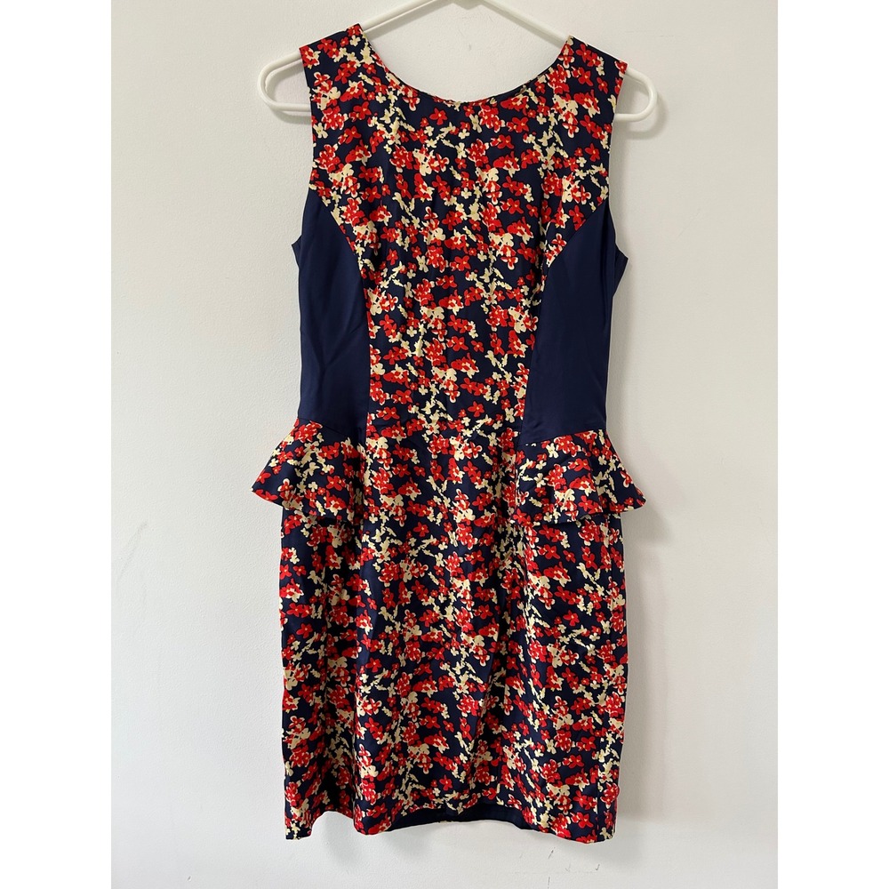 Kachel Anthropologie Navy Blue Red Floral 100% Silk Peplum Sleeveless Dress Sz 4